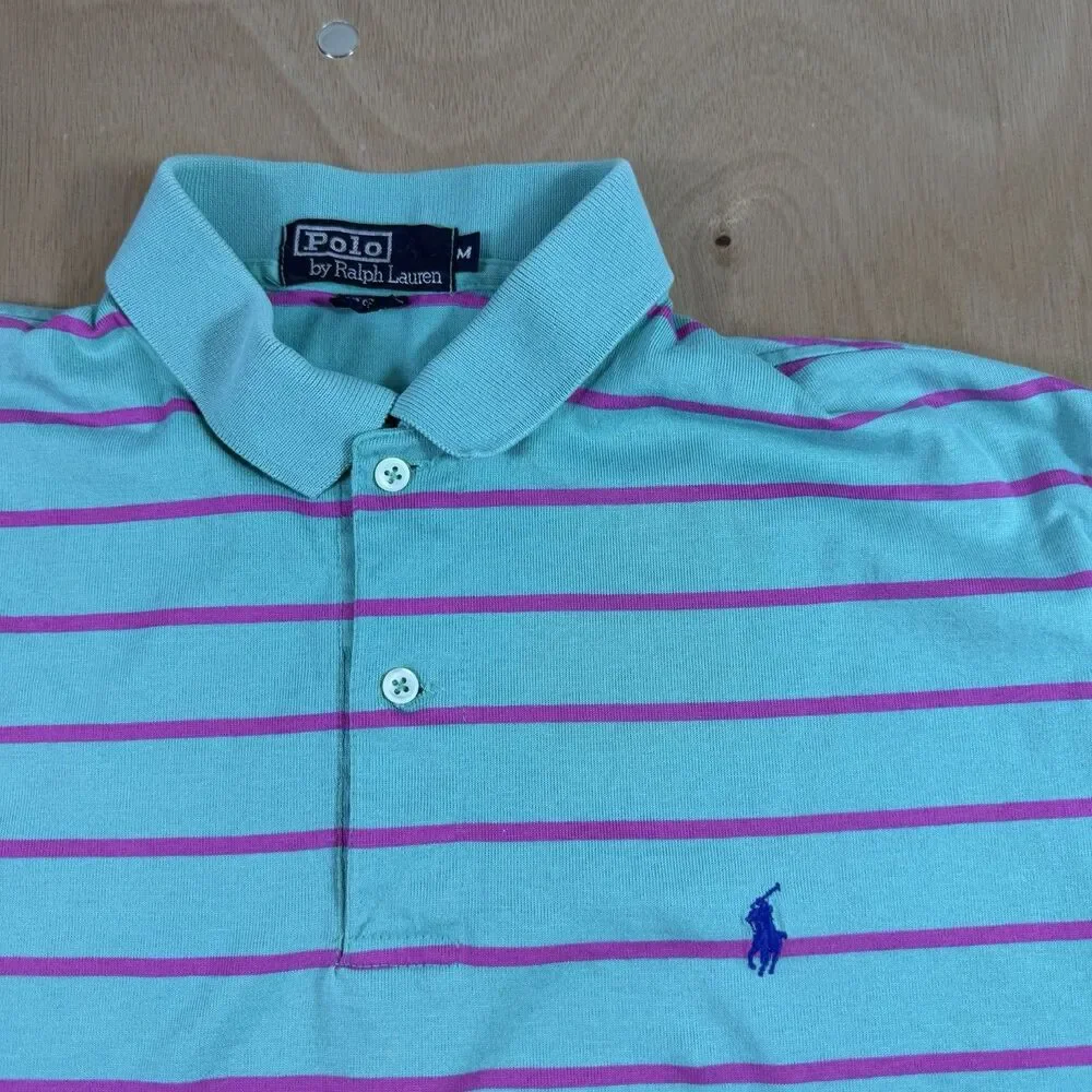 Vintage Polo Ralph Lauren Retro Stripped Made USA 100% Cotton Polo Turquoise M